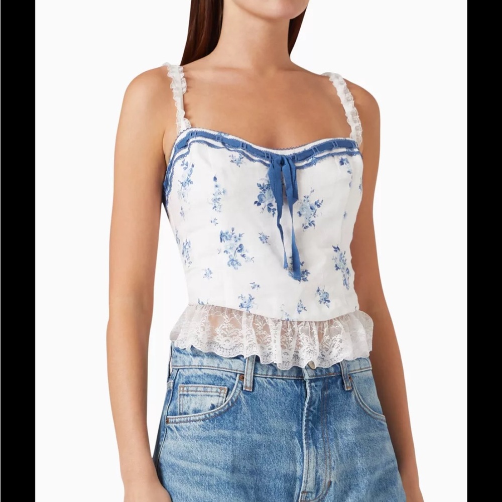 Reformation Paola Linen Sleeveless Top in Delicacy Corset White Blue Coquette